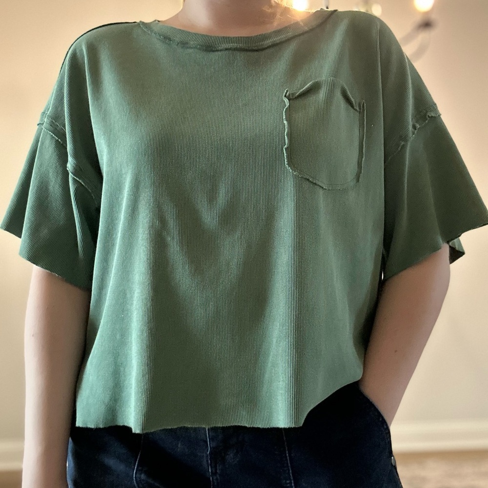 Faded Green Ribbed Cropped Top with Front Pocked